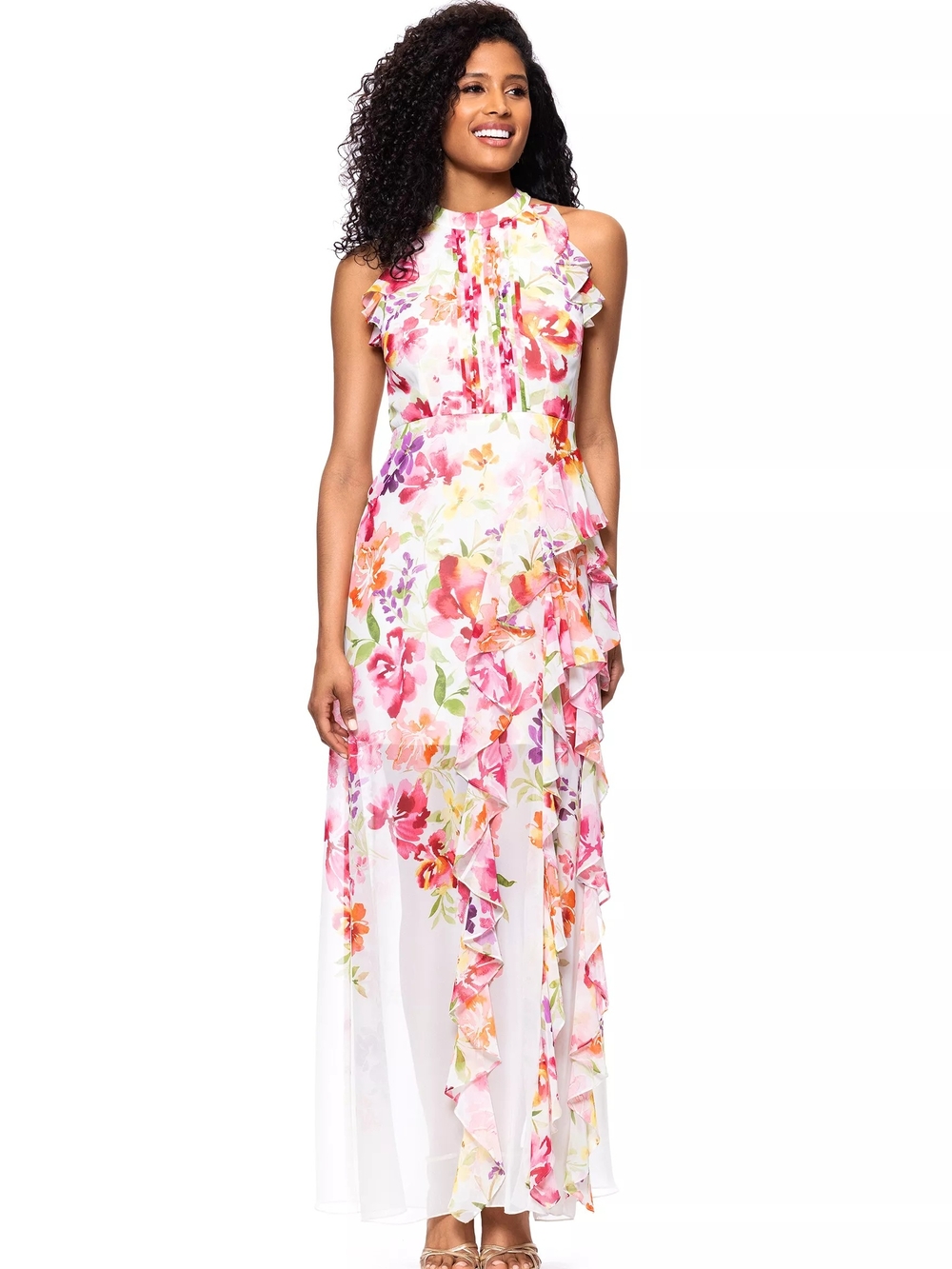 Betsy & Adam
Women's Floral Print Ruffled Sleeveless Gown